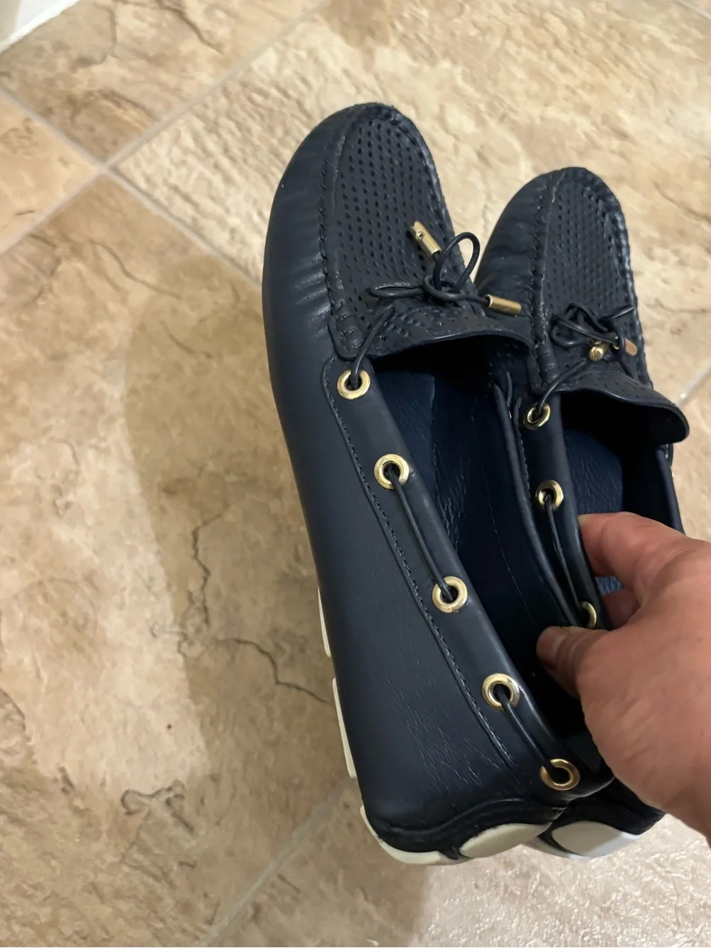 Tory Burch Black Perforated Leather Driving Loafers with Gold Accents